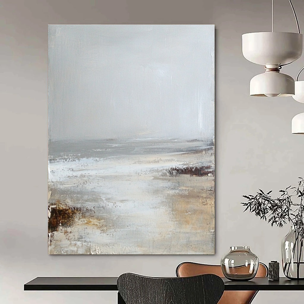 Large abstract painting in soft neutrals of white and gray evokes a calming misty beach atmosphere for serene spaces.STSC232