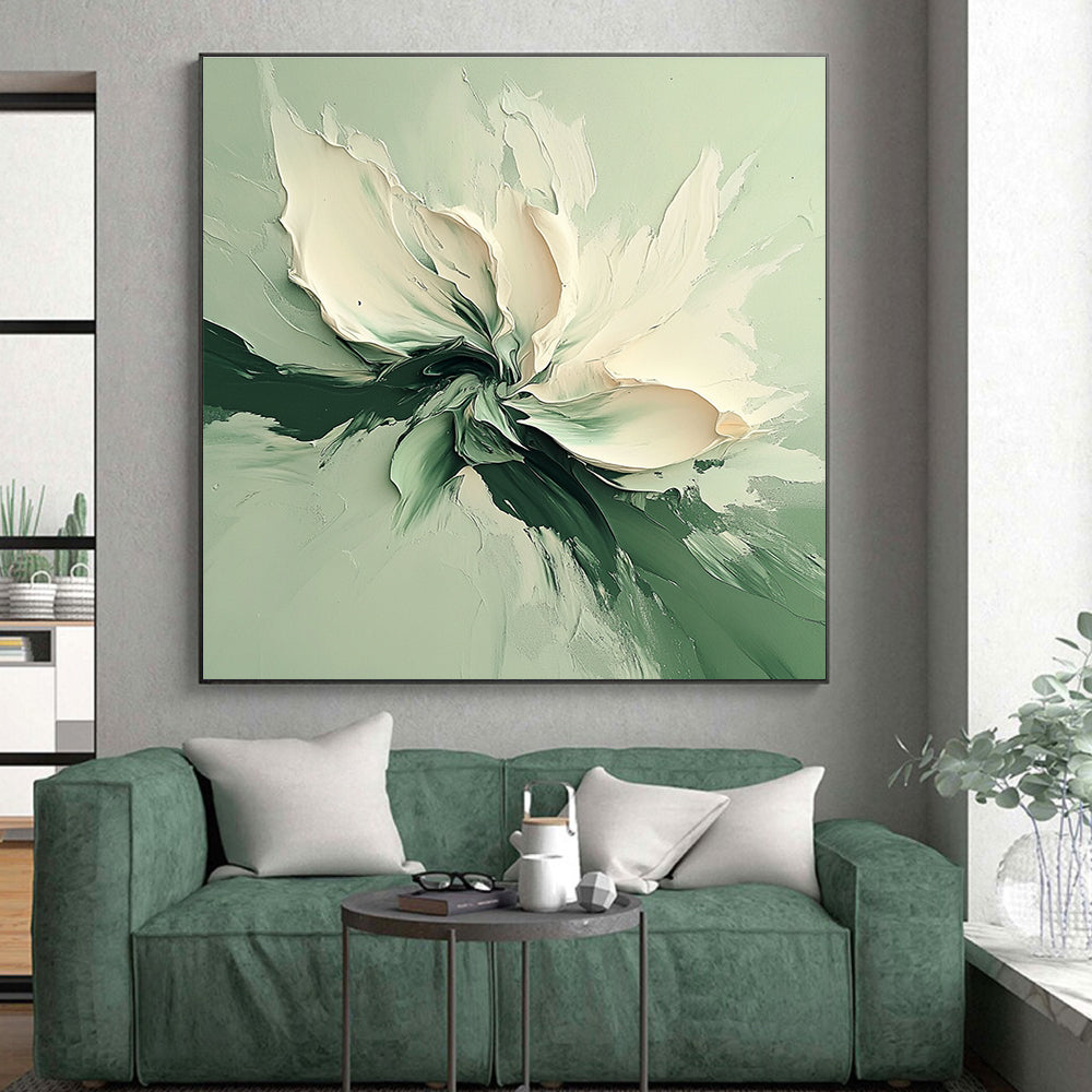 Green and White Abstract Painting with Textured Flower GER569
