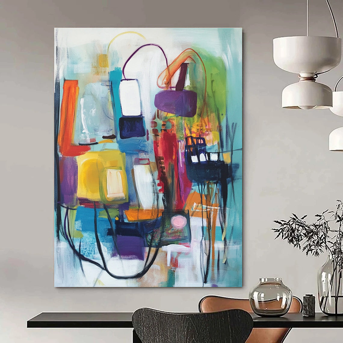 A large abstract painting featuring vibrant shapes and colors, depicting buildings and organic movement, created with expressive oil paint techniques.STSC823