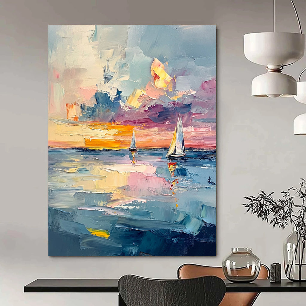 Large abstract painting of the sea with textured layers and pastel skies featuring sailboats reflecting light like gems across the canvas.STSC973