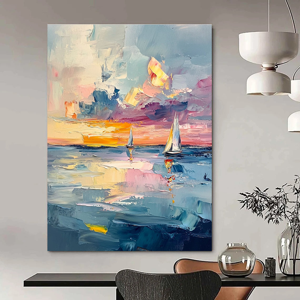 Large abstract painting of the sea with textured layers and pastel skies featuring sailboats reflecting light like gems across the canvas.STSC973