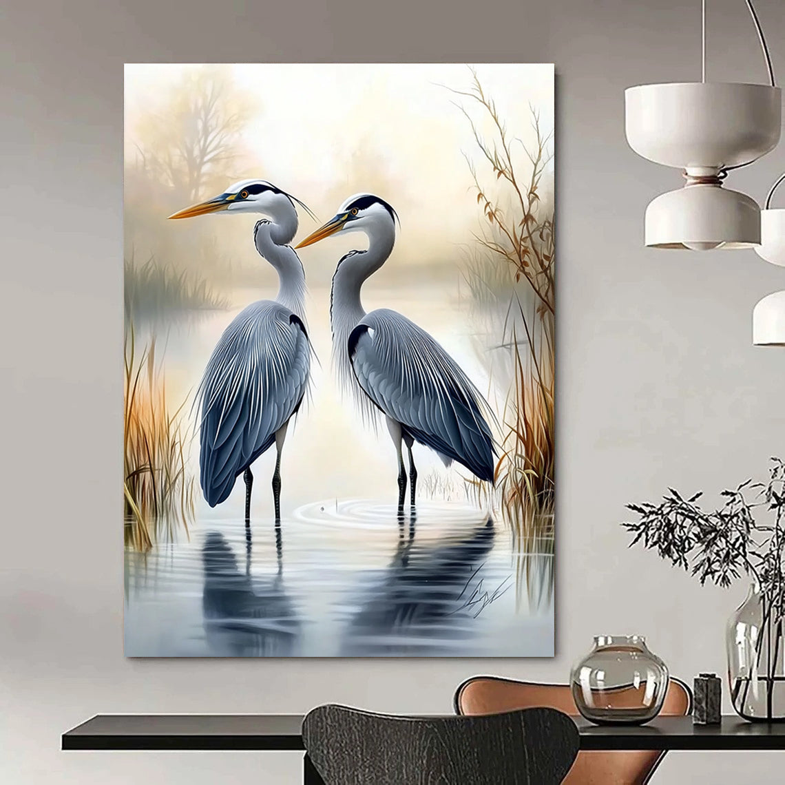 A large abstract painting featuring two herons in water with a misty swamp background in the style of Larry Elmore.STSC1450