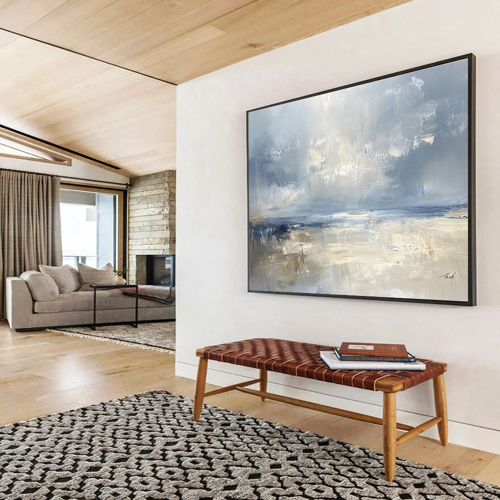 Large abstract seascape in cool blues and grays with warm beige accents capturing serene coastal beauty and a misty horizon.SC278