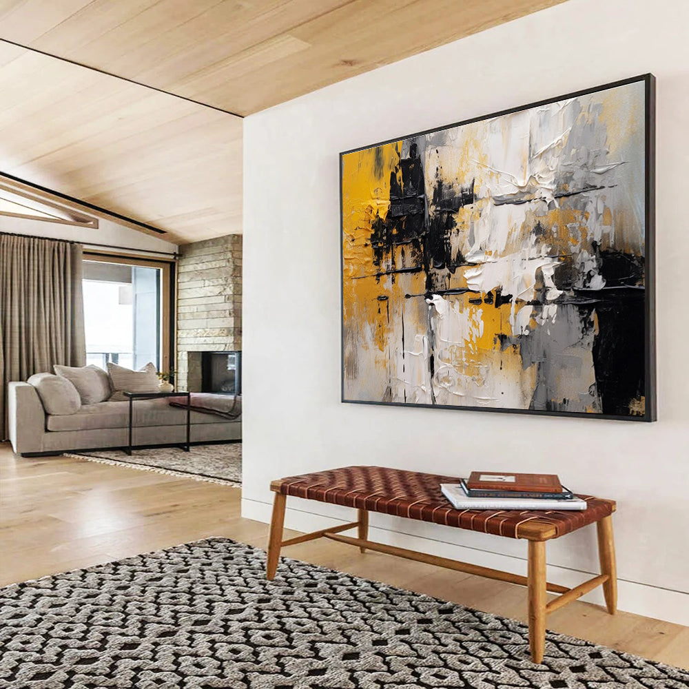 Yellow Black White Abstract Textured Painting THY084