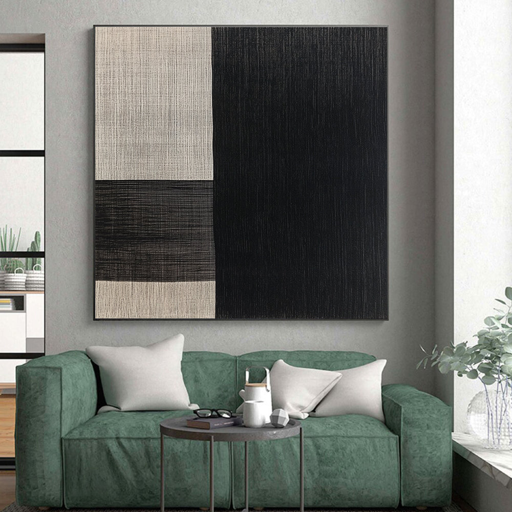 Black and Beige Textured Squares Abstract Painting with Woven - Like Patterns GER015