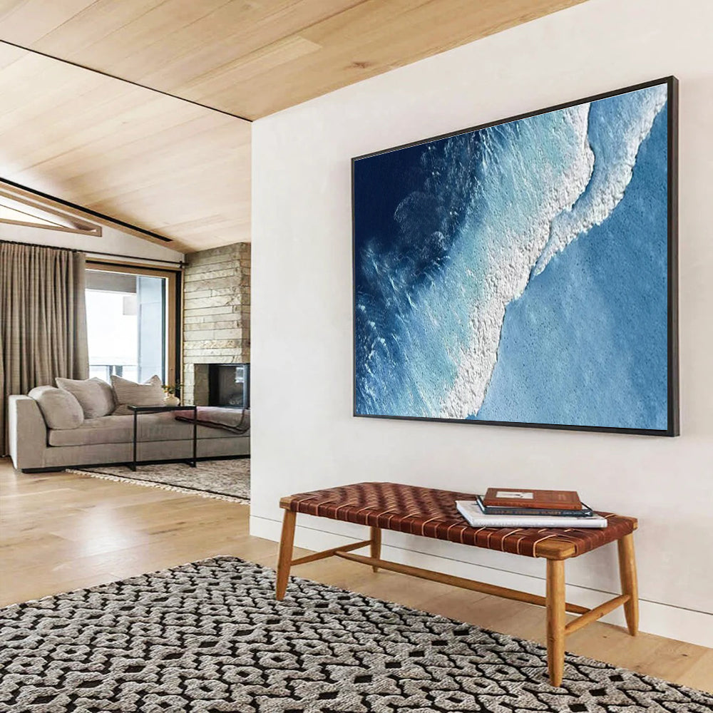 Aerial Ocean Wave Abstract Painting with Deep Blue and White THY258