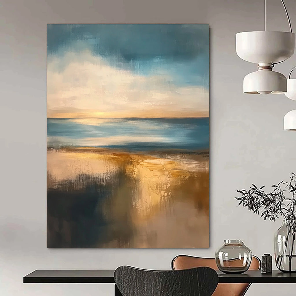 Large abstract painting featuring muted colors at golden hour with soft edges and tranquil sea reflections creating a serene atmosphere.STSC076