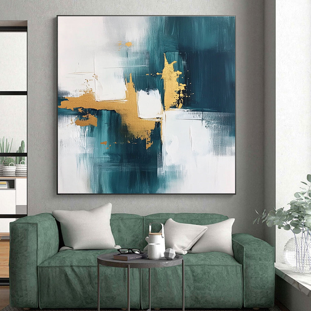 Teal Gold and White Abstract Painting with Modern Flair GER676