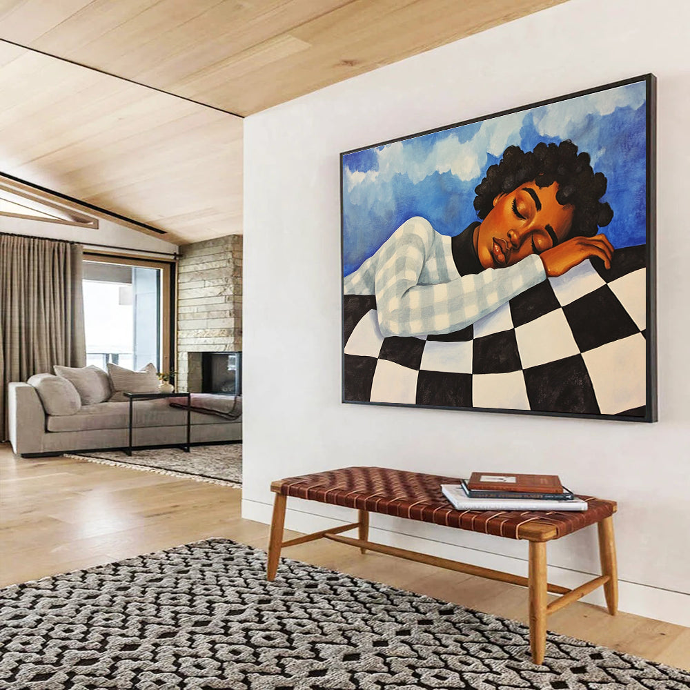An abstract painting featuring an African American woman in a checkered sweater, resting against a blue sky with clouds, evoking a vintage 1970s style.SC402