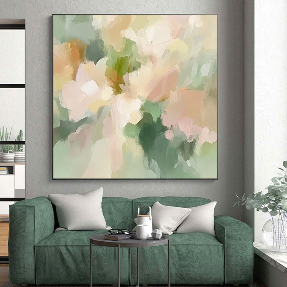 Light Green and Pastel Flower Abstract Painting with Dreamy Tones GER414