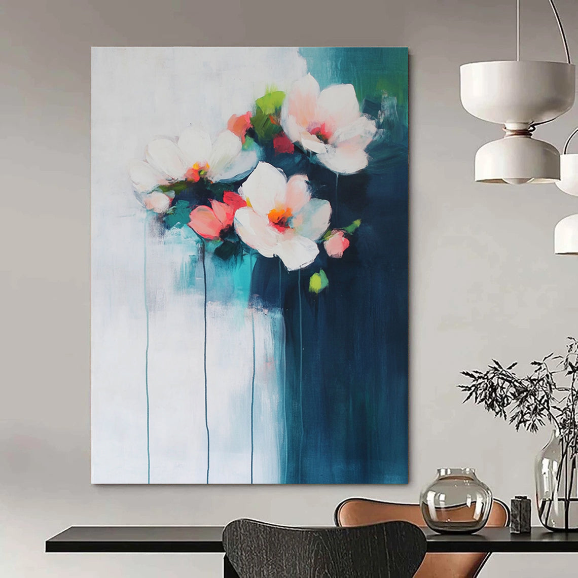 Large abstract painting of flowers in light blue and pink on a white background with dark teal brushstrokes creating an atmospheric effect.STSC679