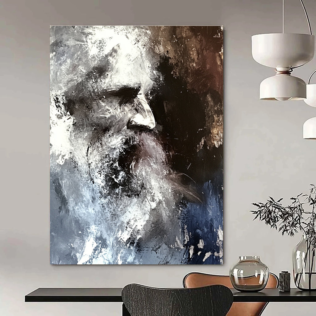 Large abstract painting in shades of grey and white featuring a blurred portrait of an old man with disheveled hair against a dark background.STSC229