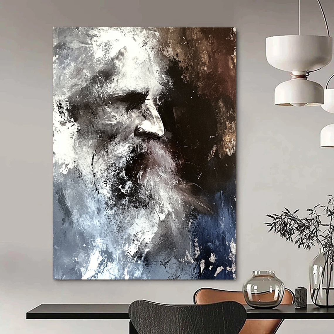 Large abstract painting in shades of grey and white featuring a blurred portrait of an old man with disheveled hair against a dark background.STSC229