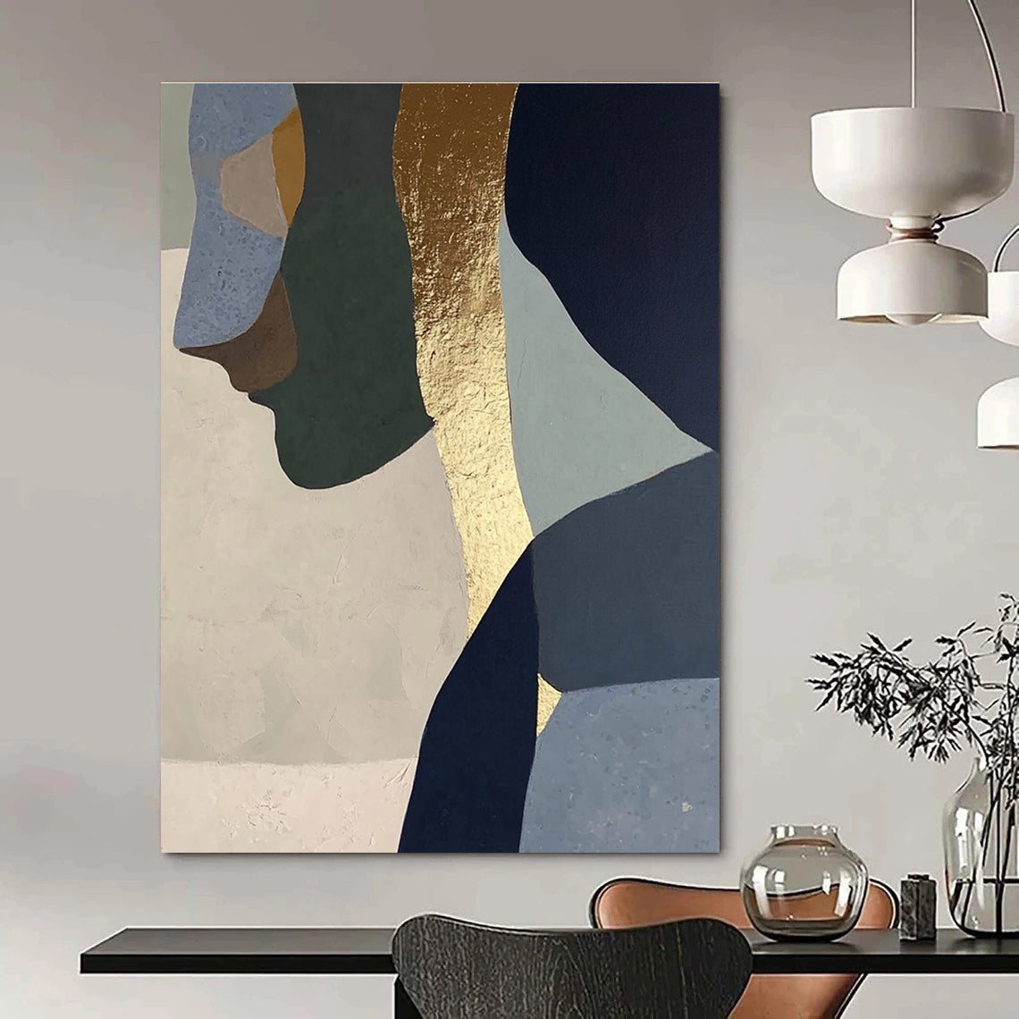 Abstract painting with gold foil depicting a woman in profile, blended neutral tones of sage green, blue, gray, beige, and navy blue.STSC756