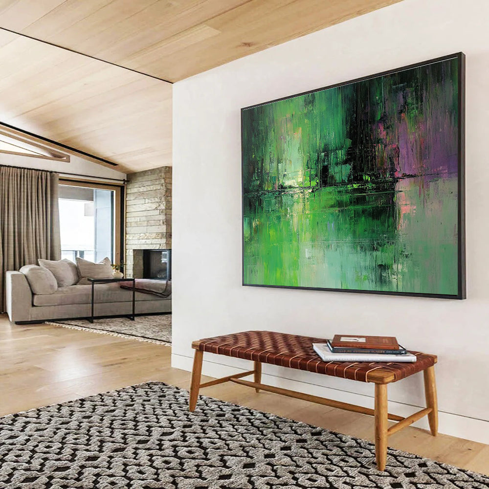 Large abstract oil painting of a green and grey lake with subtle reflections inspired by Jeremy Mann's muted color palette.SC114