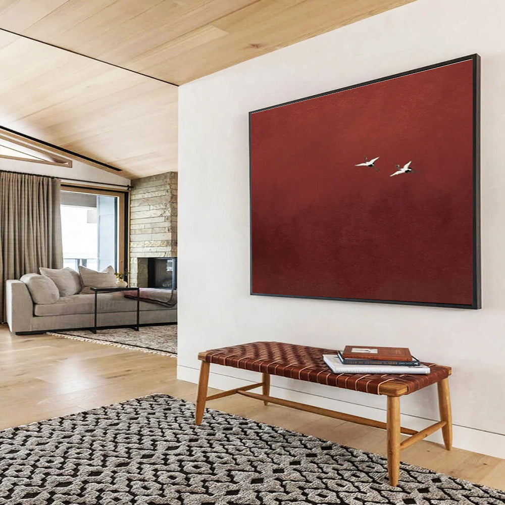 Red Crane Abstract Painting with Minimalist, Serene Beauty THY389