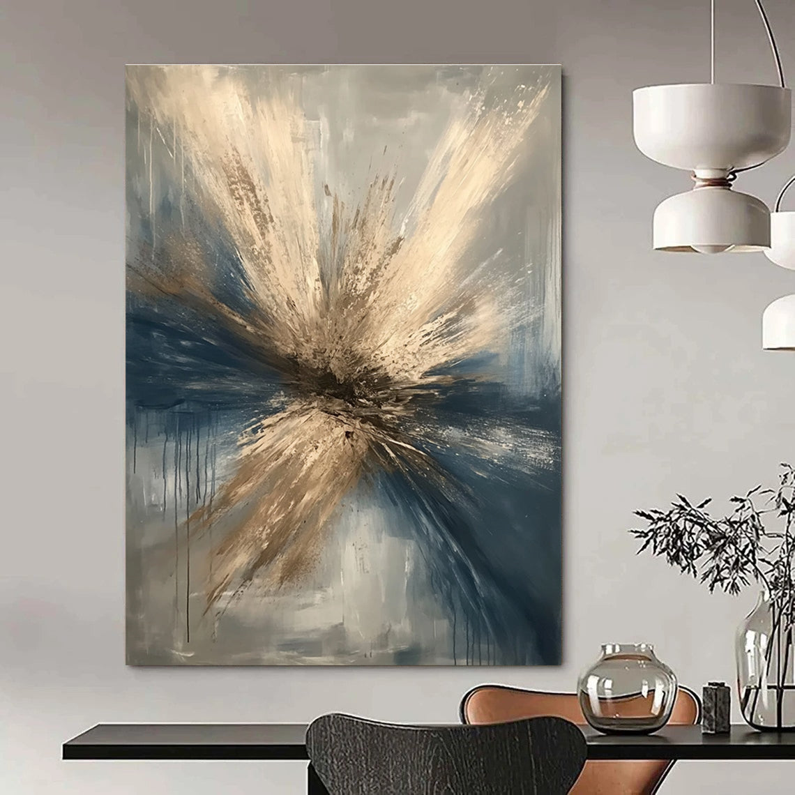 Large abstract painting depicting a winter tornado in beige and dark blue with gray background featuring a detailed metallic focal point suggesting destruction.STSC644