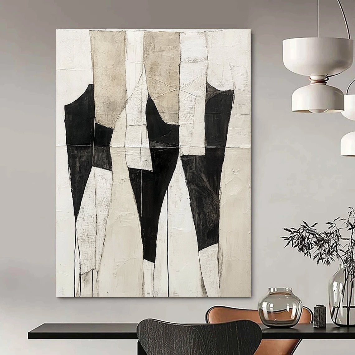 Large abstract painting featuring a light white and black color scheme with ivory cream background and textured body shapes in dark gray and white.STSC403