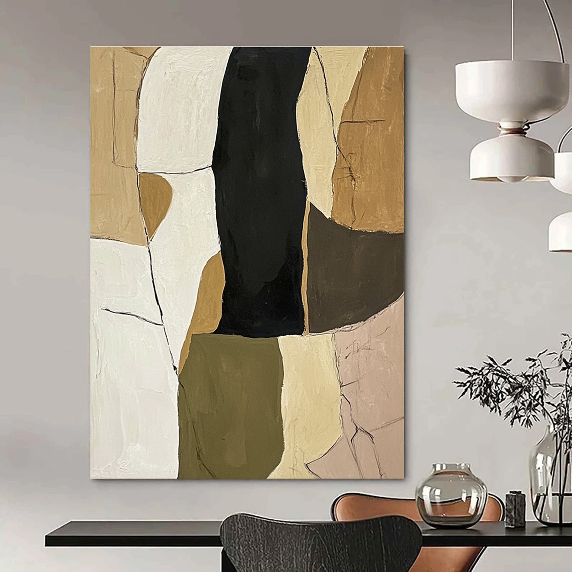 Large abstract painting in neutral tones of olive green beige and black on white background featuring organic shapes and textured lines for depth.STSC781