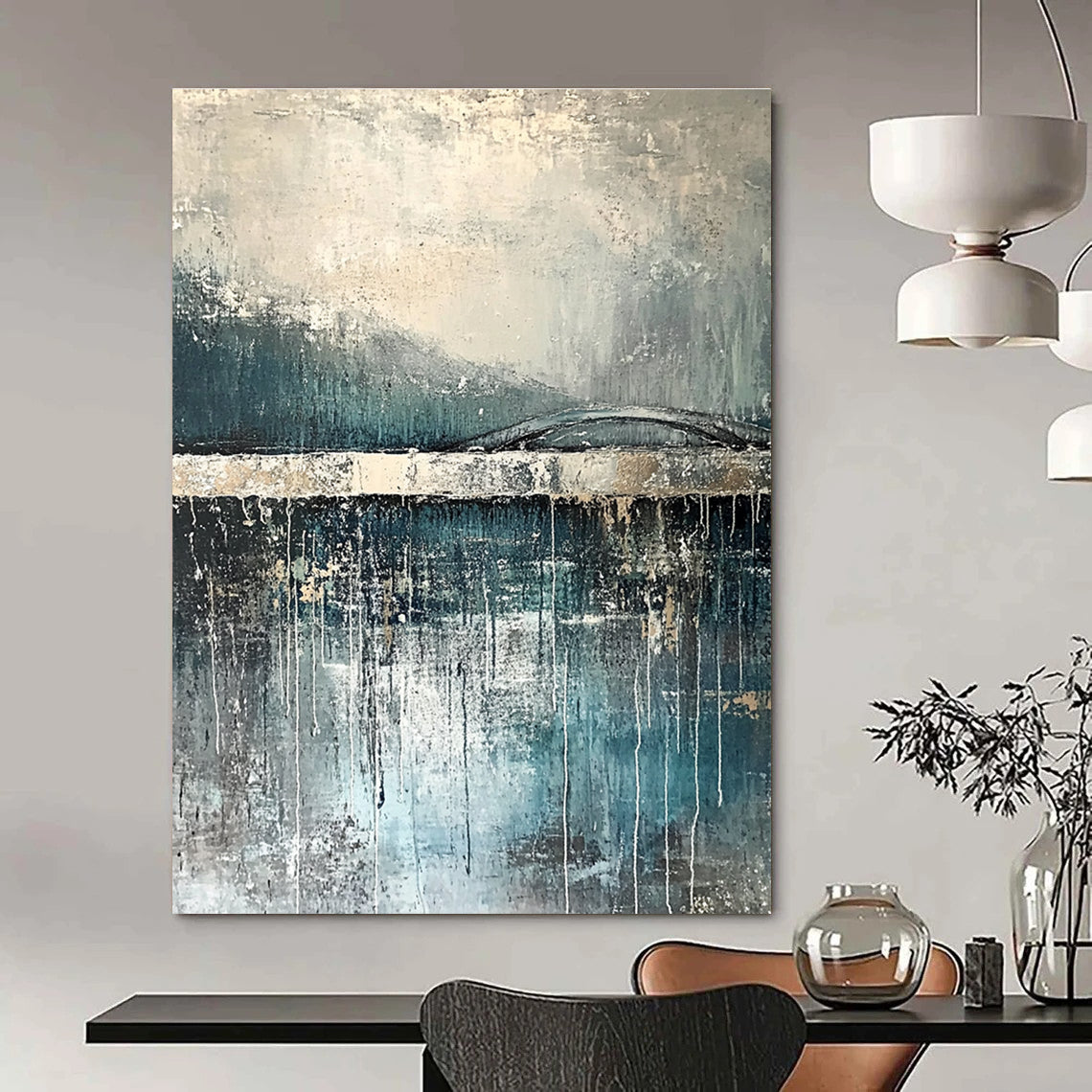 Large abstract painting depicting rain reflections on water with an old bridge in gray and blue tones accented with silver on textured canvas.STSC326