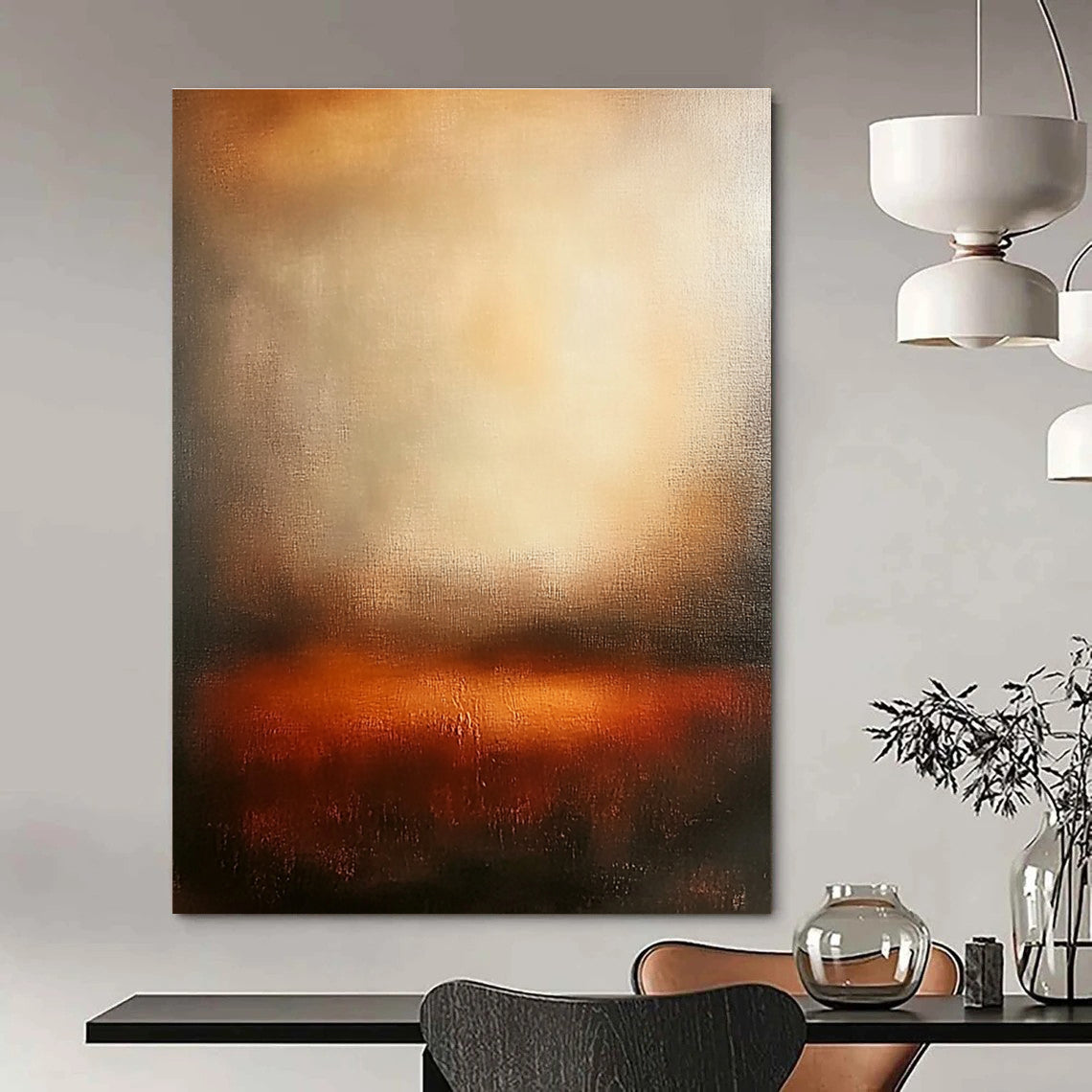 Large abstract painting featuring warm sunset colors with blurred edges and wide brush strokes evoking tranquility and emotional depth in a serene atmosphere.STSC111