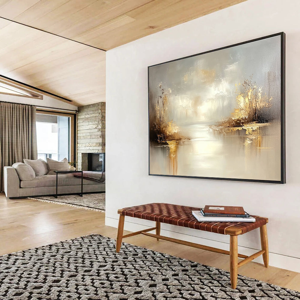 Large abstract oil painting of a misty lake featuring grey and beige tones with stunning gold accents for a serene ambiance.SC117