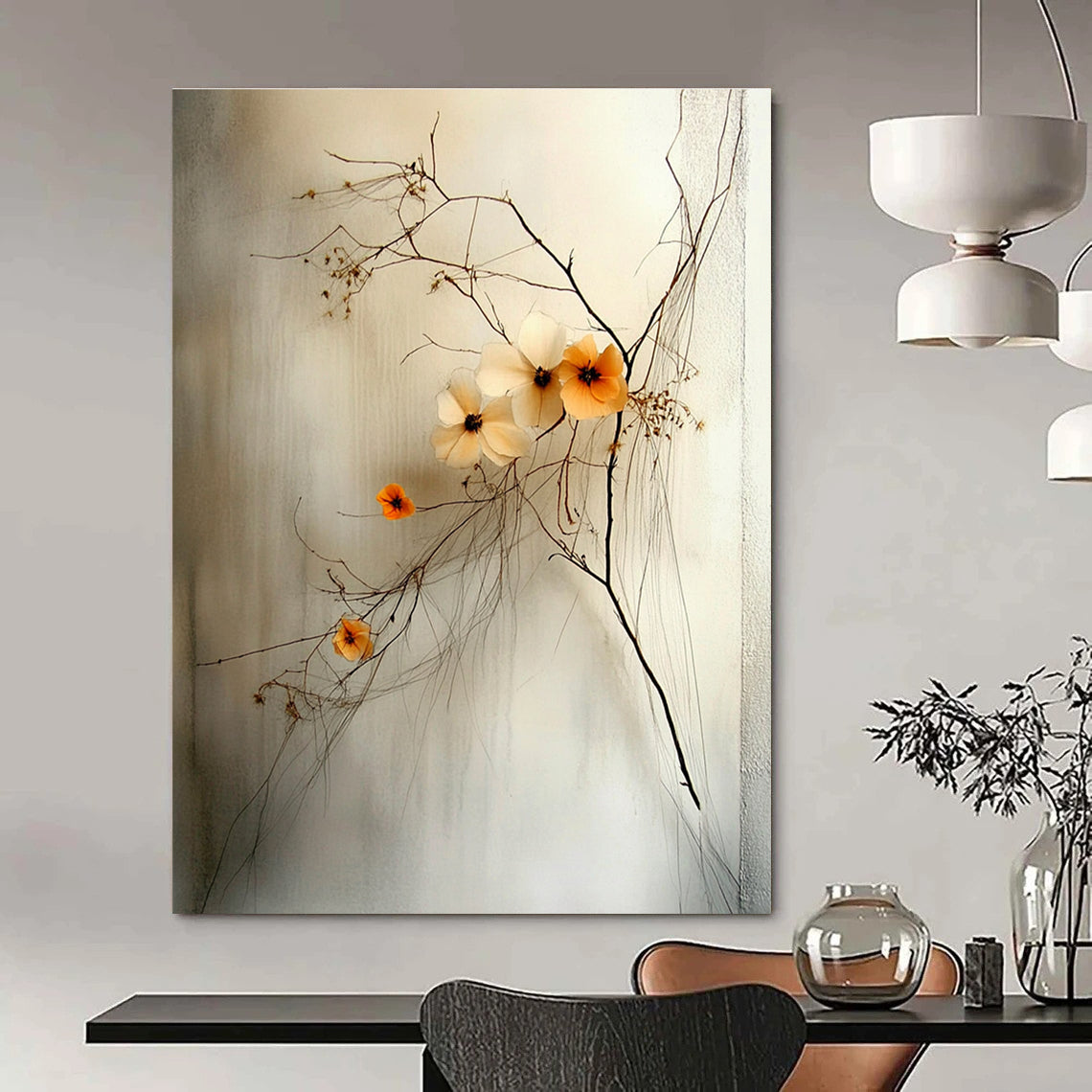 Abstract artwork featuring delicate wildflowers with a small orange bloom against a soft gray background emphasizes calmness and balance through intricate string-like details.STSC856