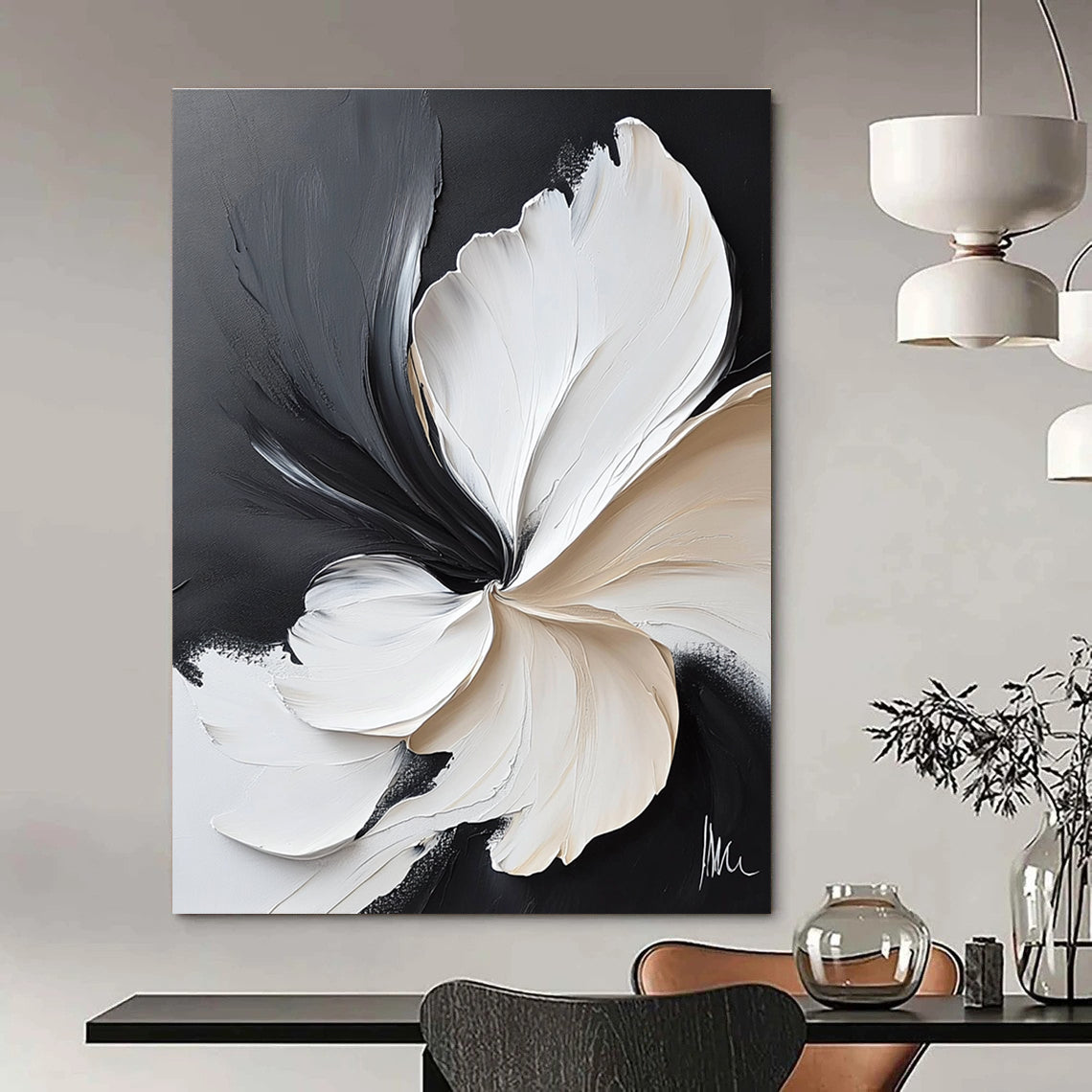 Large abstract painting featuring white flowers on a black background with meticulous brushwork and delicate textures in flowing organic shapes.STSC514