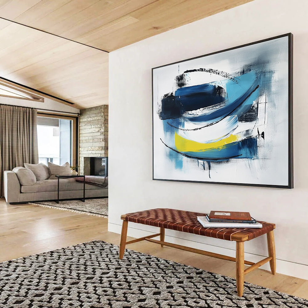 Abstract painting featuring blue black and white minimalist brush strokes on light gray with thick lines simple shapes and yellow accents.SC033