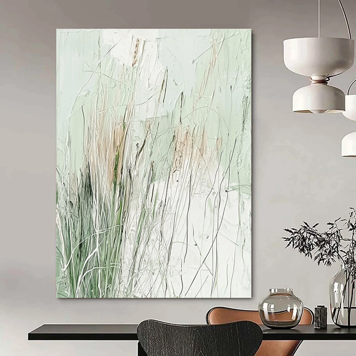 Abstract painting featuring light green and white, layered with delicate lines and wild grasses for a serene nature-inspired aesthetic.STSC939