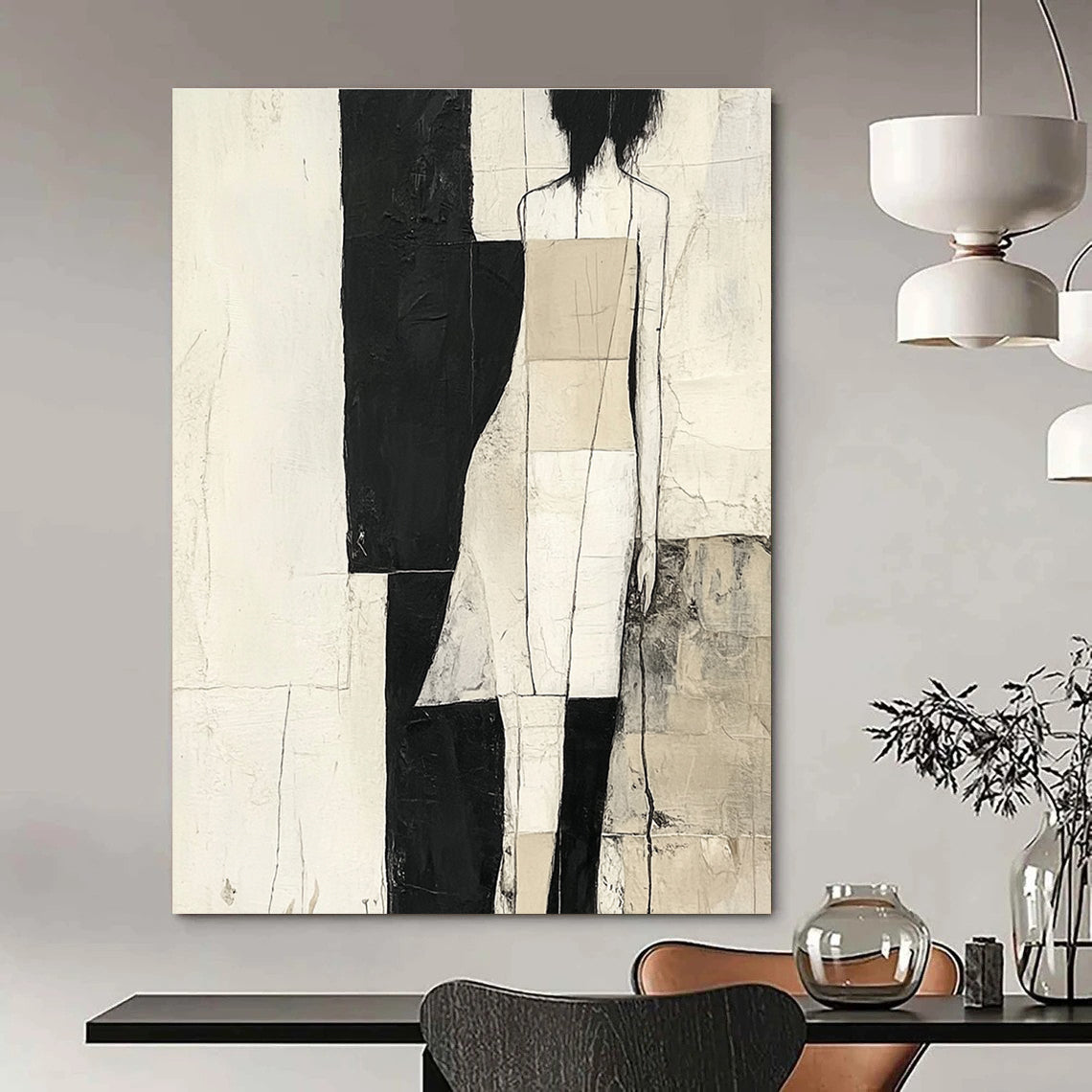 Large abstract painting in black and white with gray and beige strips against a soft cream background inspired by various artistic styles.STSC674