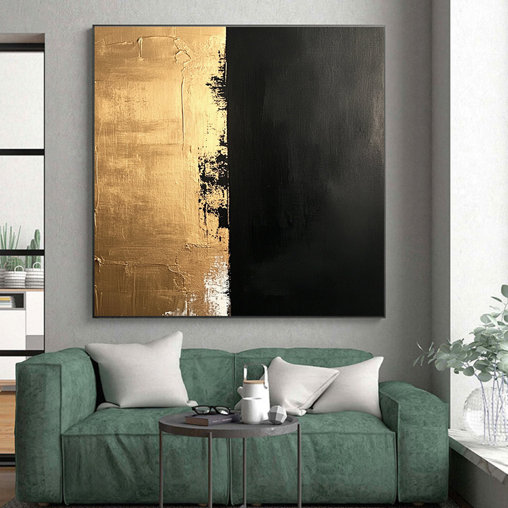 Gold and Black Textured Divide Abstract Painting with Contrasting Hues GER019