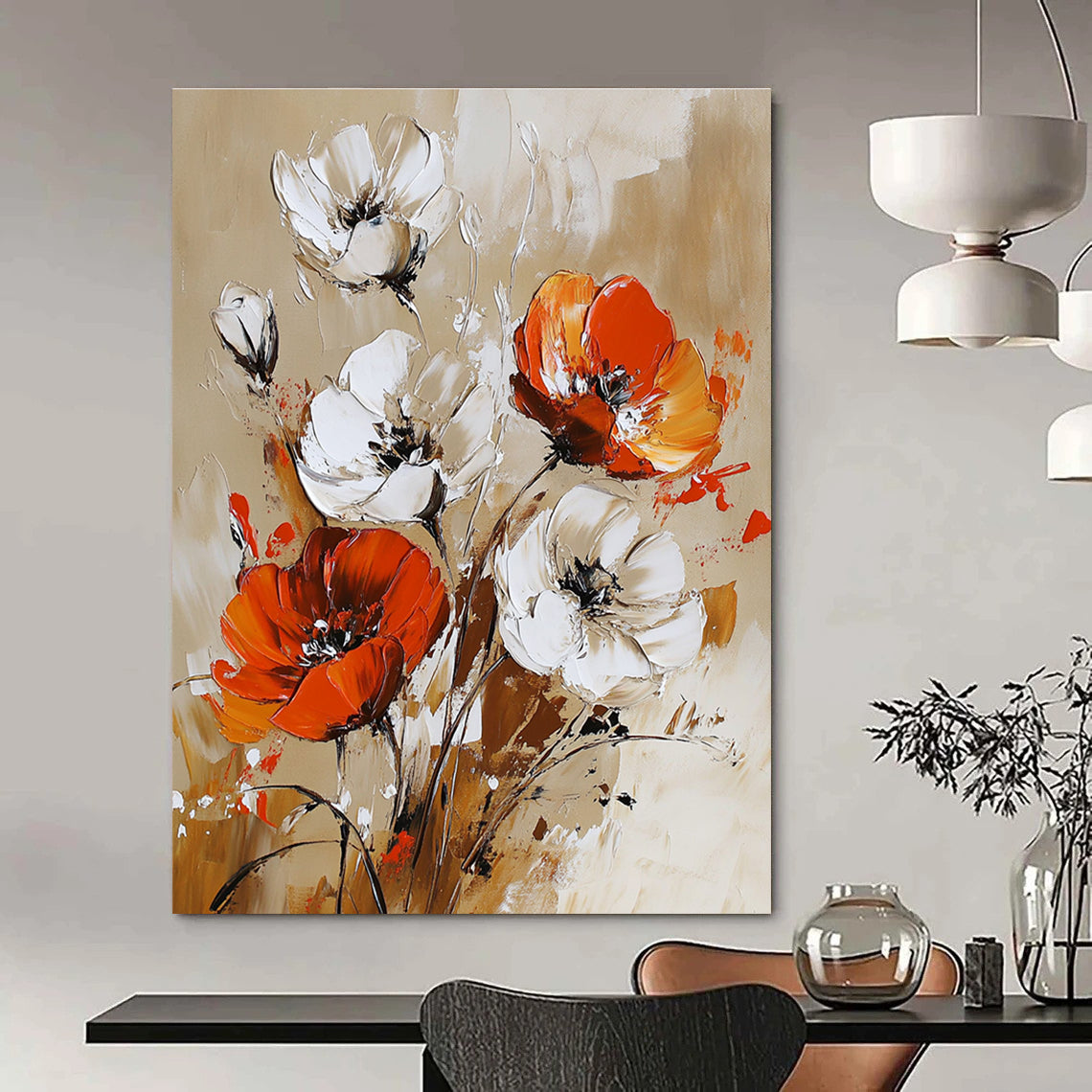 Large abstract painting featuring vibrant white orange and red flowers on a beige background with dynamic brushstrokes.STSC1127