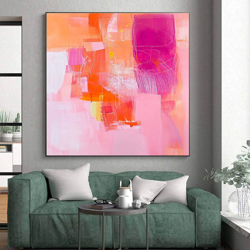 Vibrant Pink and Orange Abstract Painting with Dynamic Shapes GER254