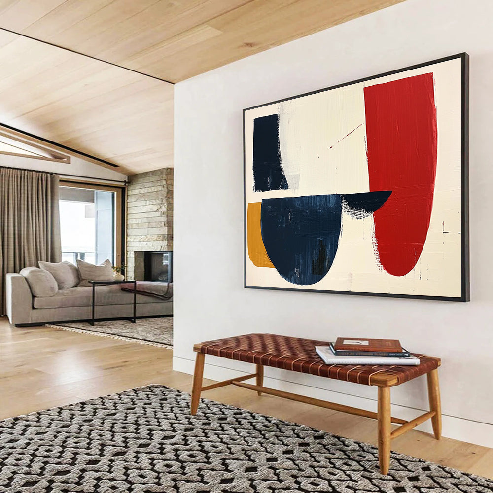 Large abstract painting featuring navy red and white shapes on cream paper with loose brush strokes, creating a striking minimalist aesthetic.SC490