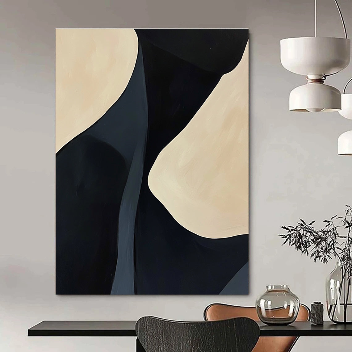 A large abstract painting featuring black and cream feminine curves with organic lines creating a calming effect on a light background.STSC609