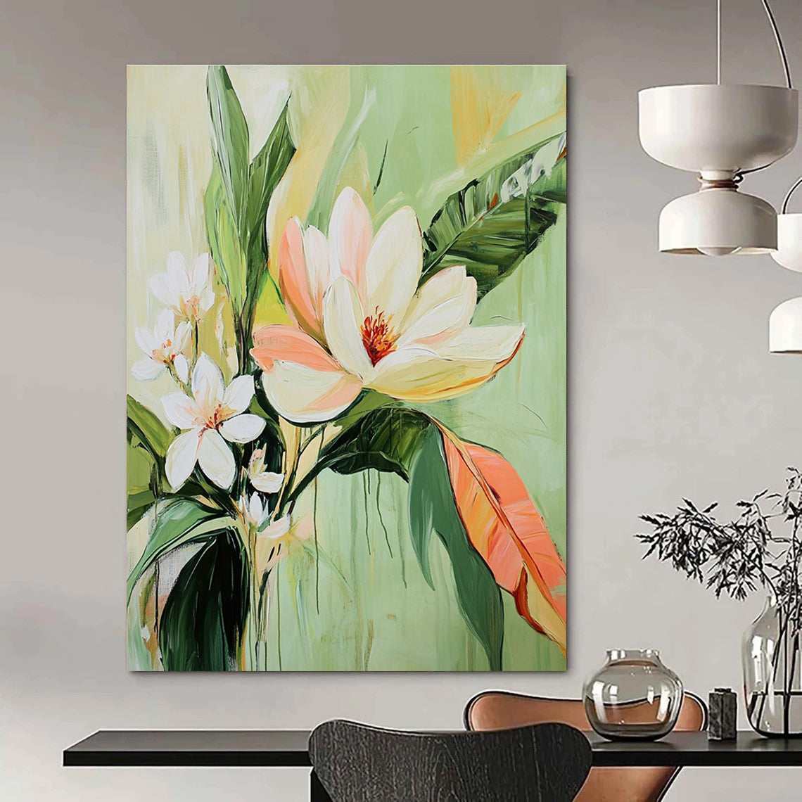 Large abstract painting of tropical flowers featuring a central magnolia and warm light green tones evokes tranquility and calmness.STSC1142