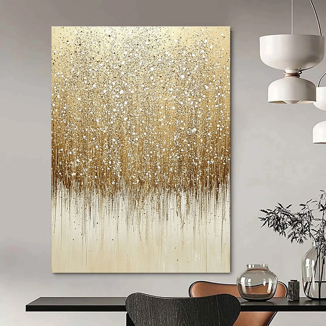 Large abstract painting of glittering sand with ombre beige and white colors featuring numerous sparkles on a clean background.STSC681