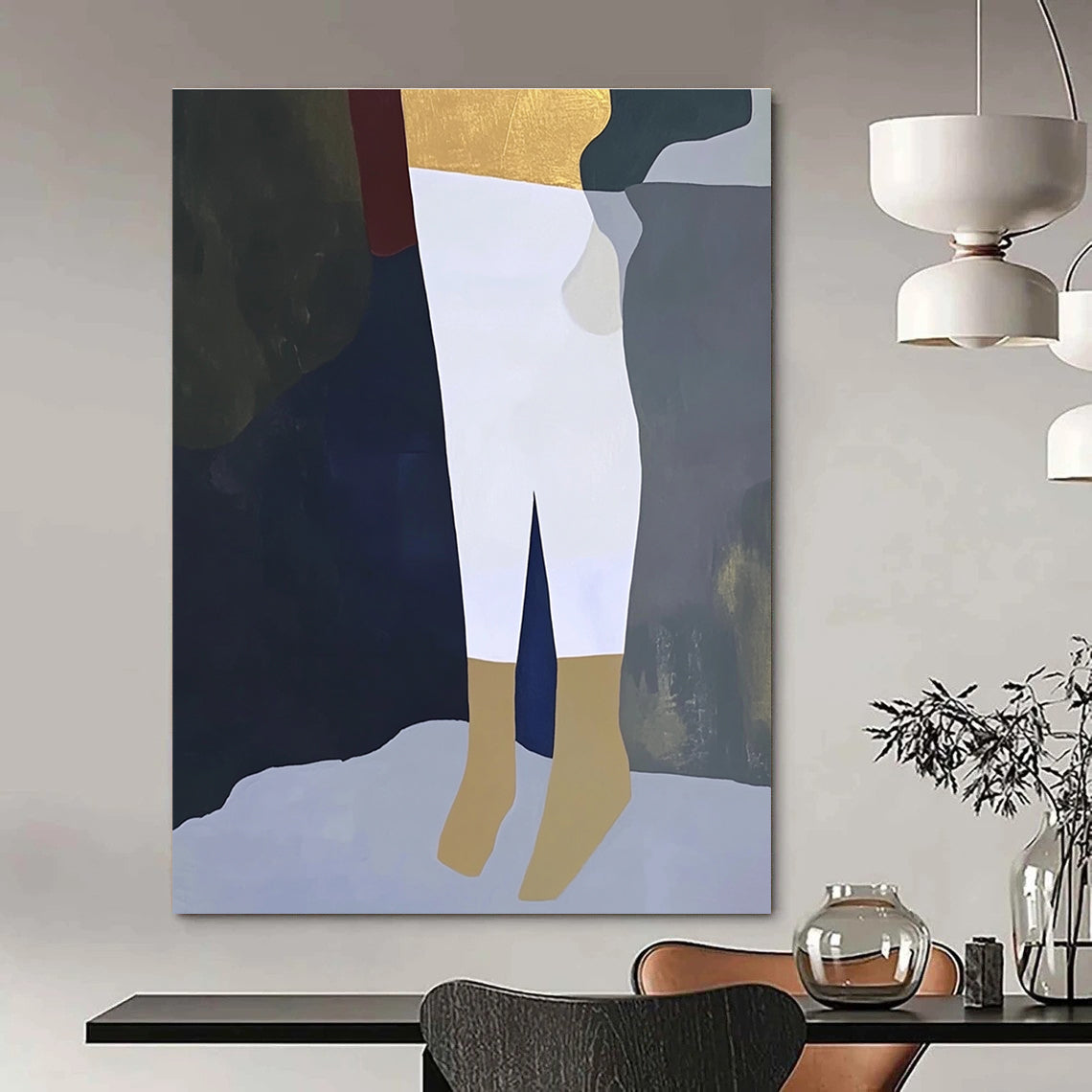 A large abstract painting featuring a close-up of a leg in white trousers and gold socks on a dark grey background in soft colors.STSC960