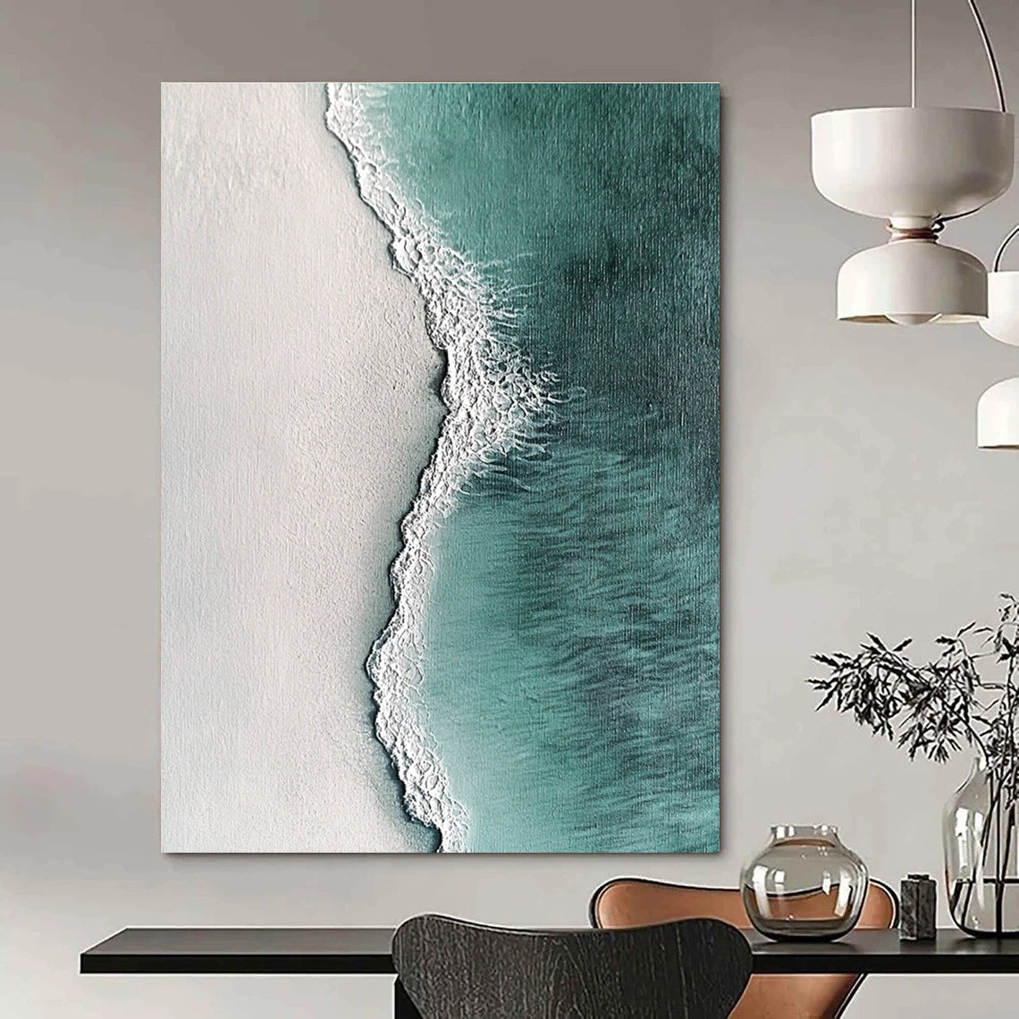 Large abstract painting featuring ocean waves and white sand in hyper-realistic textures with dark green light blue and light gray tones.STSC532