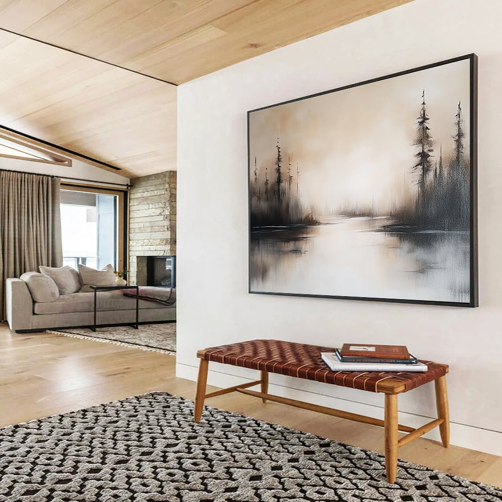 Abstract painting featuring a serene lake landscape in neutral tones with soft brush strokes and misty water reflections capturing a peaceful setting.SC052