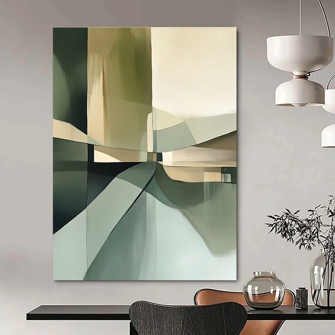 Large abstract painting in neutral green tones featuring brush strokes soft focus muted colors geometric shapes and a detailed textured composition.STSC114