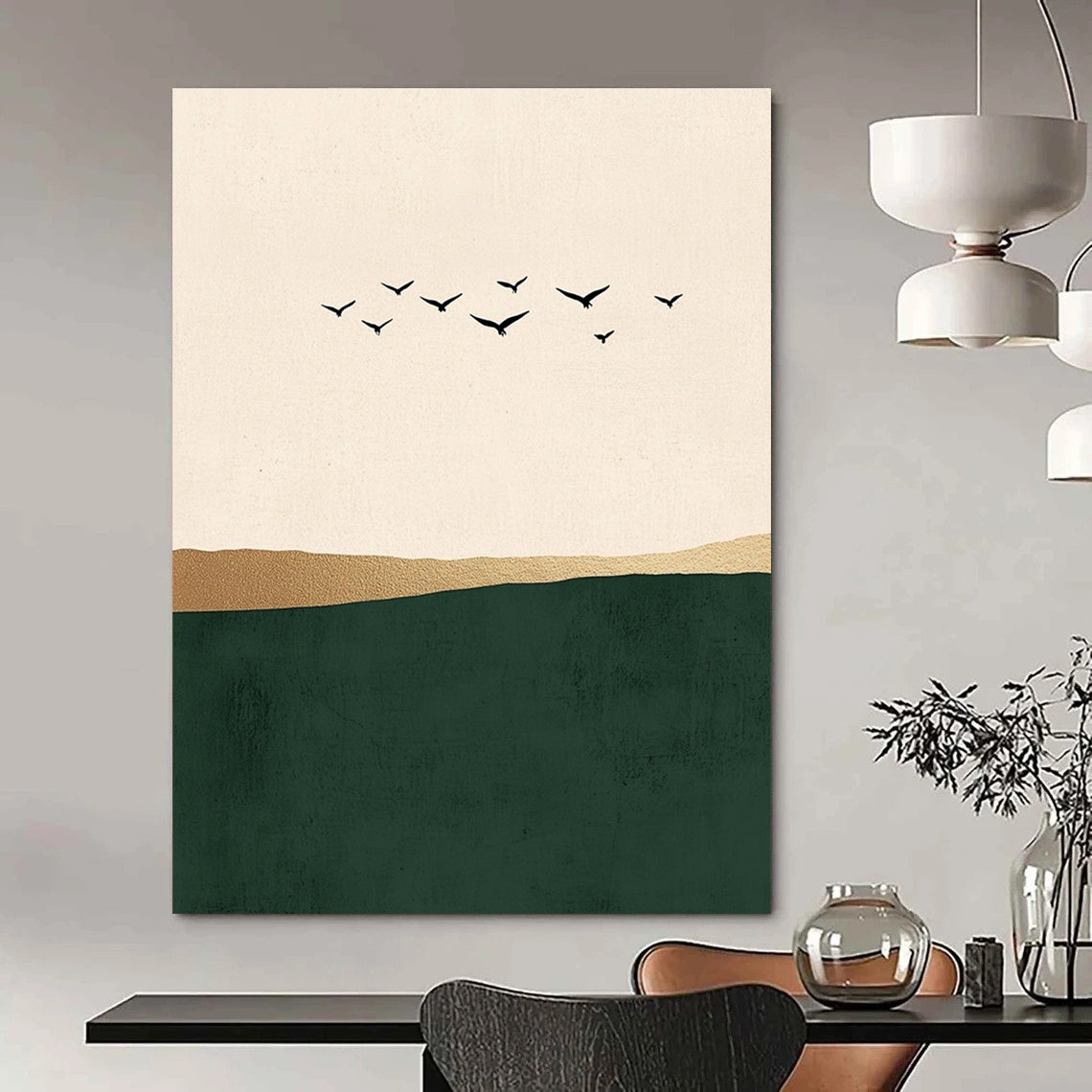 Abstract art featuring minimalist Japandi style with flying birds over a serene green sea on a beige background adorned with elegant gold details.STSC1340