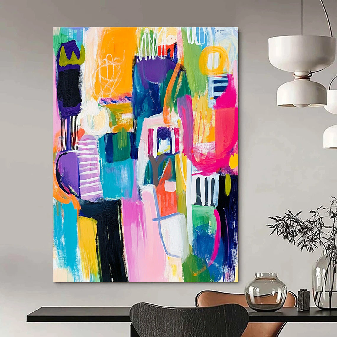 Large abstract painting with colorful whimsical shapes thick brushstrokes and bold lines in vibrant hues capturing dynamic elements of houses cars and people.STSC678