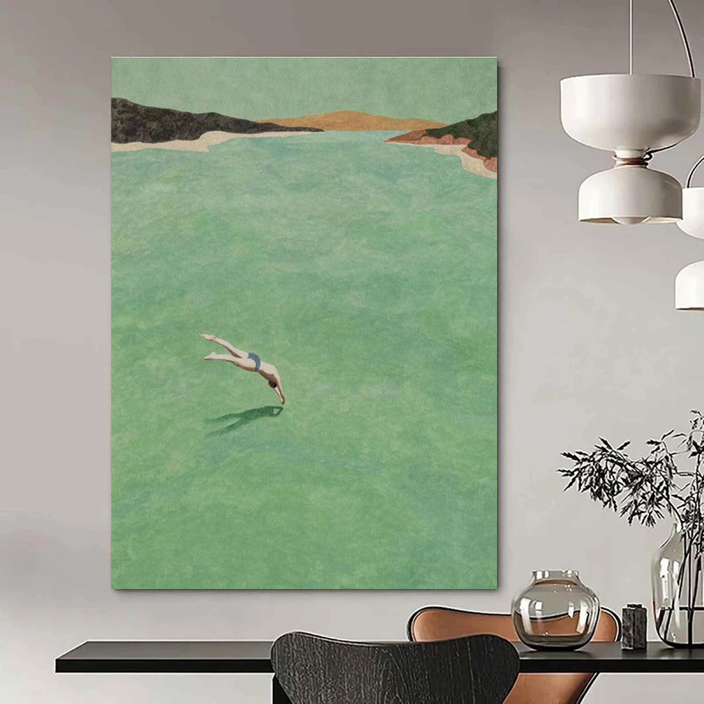 Figure Diving into Green Water Abstract Painting ADGE304