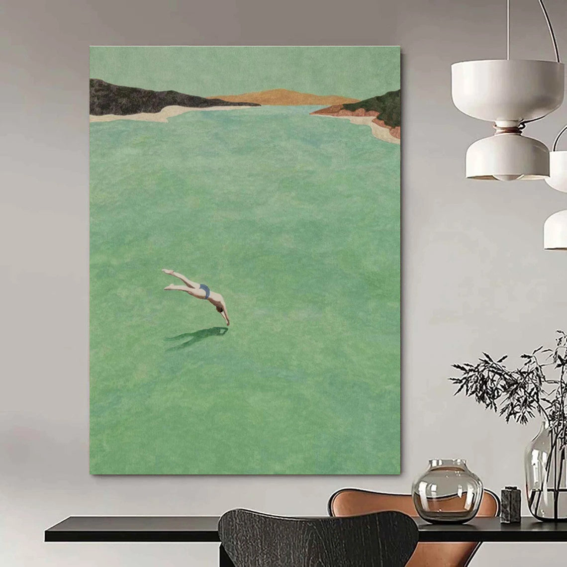 Figure Diving into Green Water Abstract Painting ADGE304