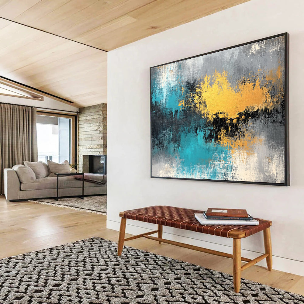 Blue and Gold Abstract Painting with Textured Brushstrokes DYP419