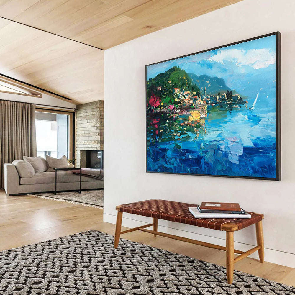Blue Green Pink Lakefront Village Painting THY487
