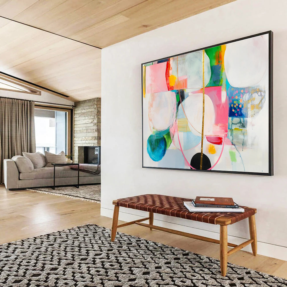 Large abstract painting with colorful shapes, gold lines, and a hanging golden string, featuring a black circle on a white background.SC375