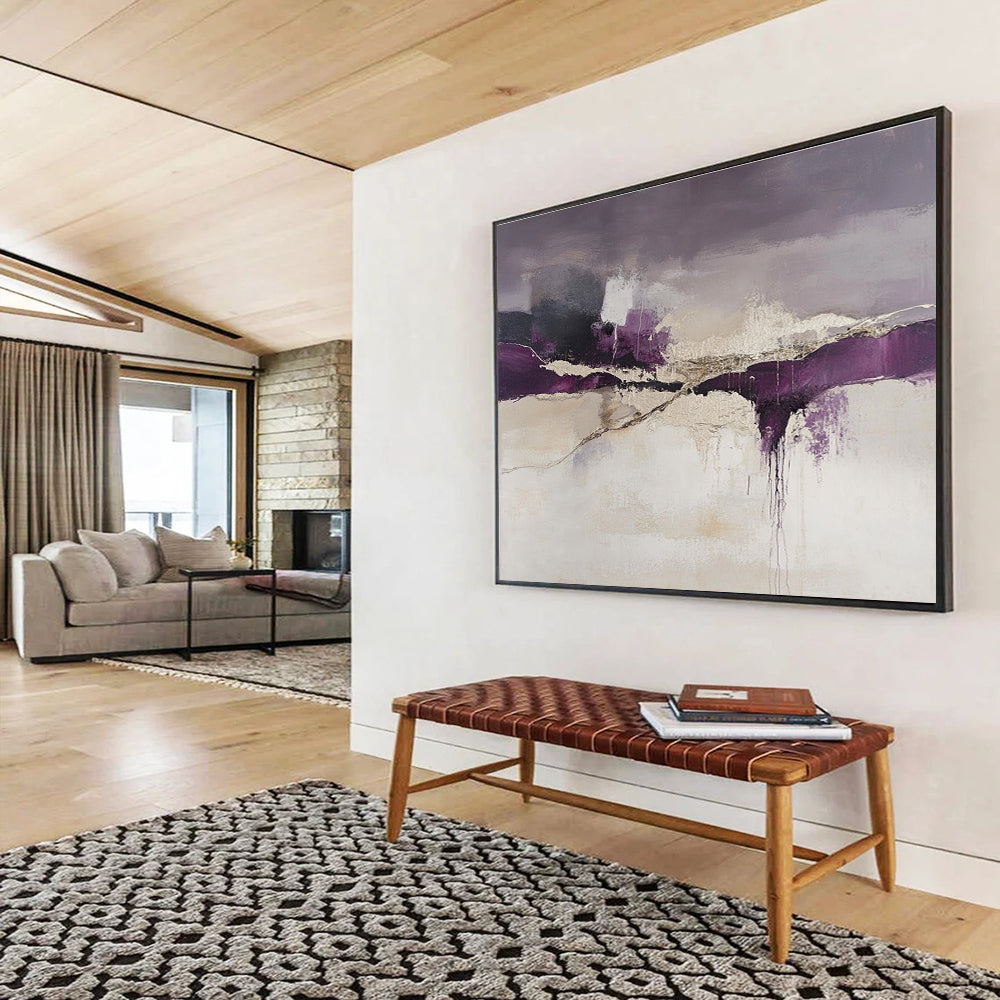 An abstract landscape features purple and beige tones with dark gray cracks in white paint, evoking a unique artistic atmosphere.SC316
